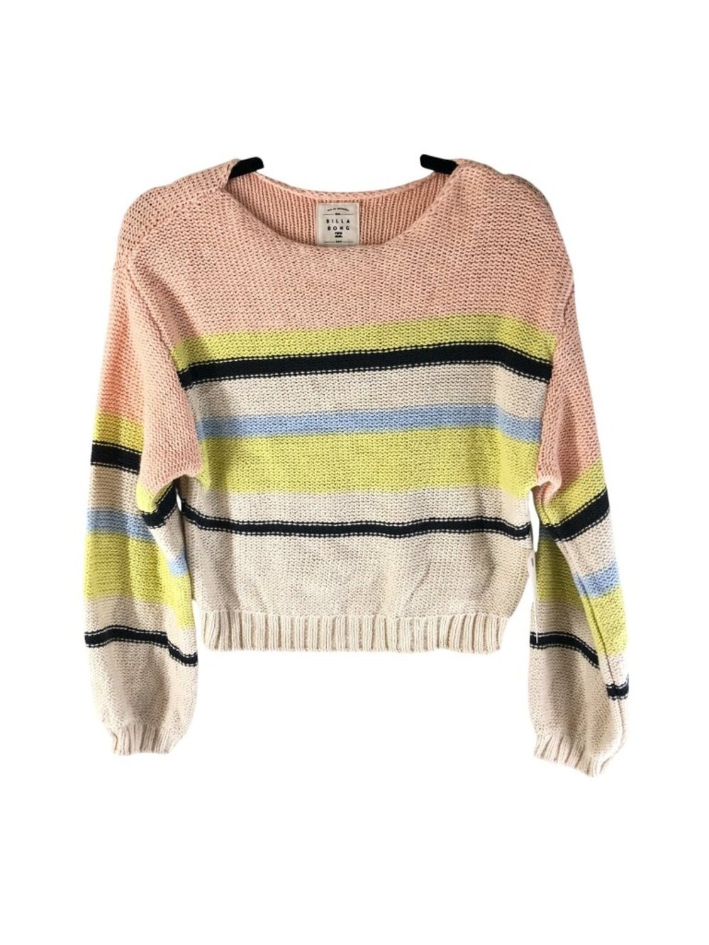 Billabong Womens Seeing Stripes Sweater Chunky Knit Cropped Cotton Pink Beige L